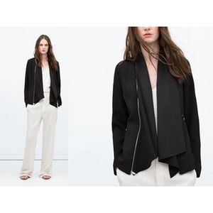 ZARA Woman Zipper Shawl Collar Blazer Jacket M Black Long Sleeve Zip Pocket EUC!